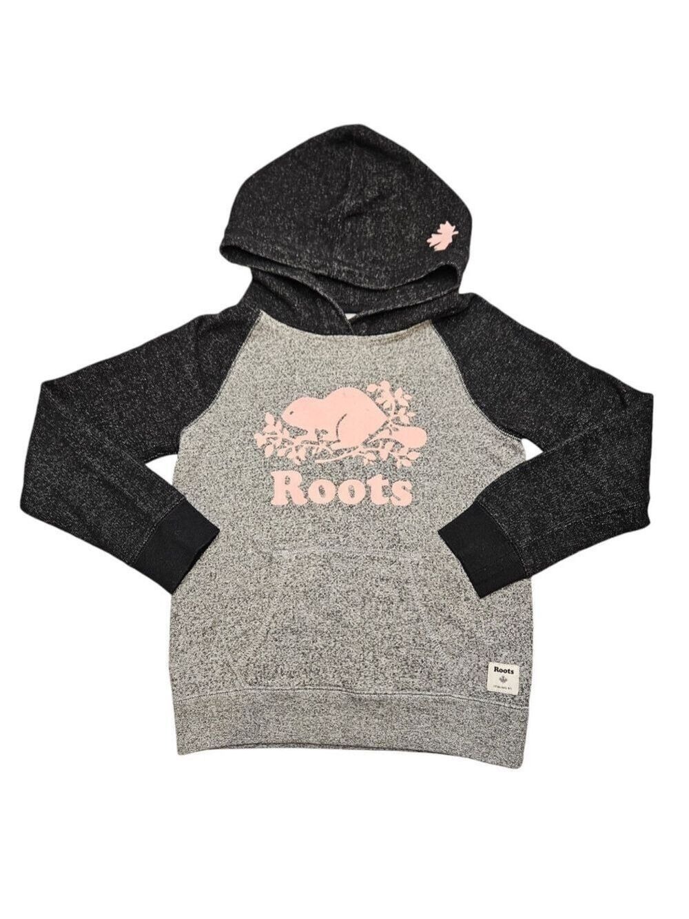 Roots Grey Black and Pink Pullover Hoodie Sweater Girls Size Large 9-10 years